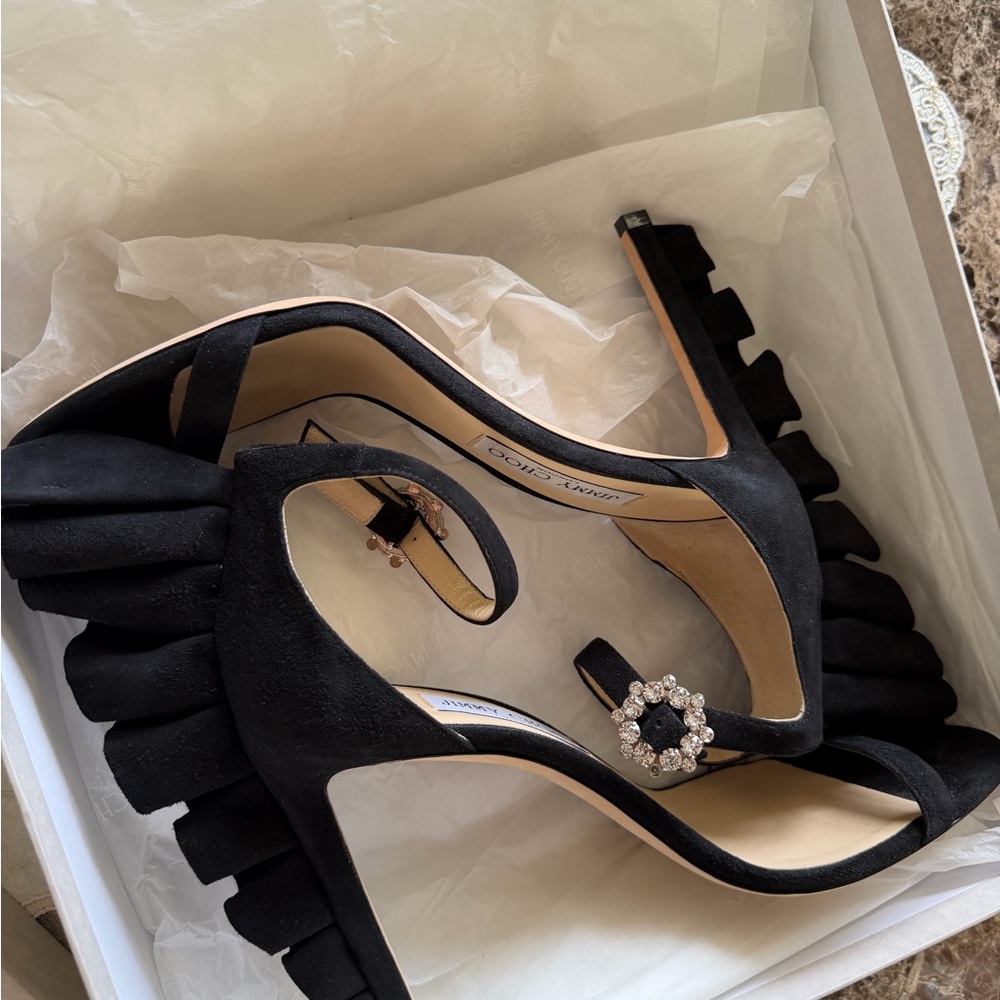 Jimmy Choo Black Suede Wingback Ankle-Strap Heels - Picture 3 of 15